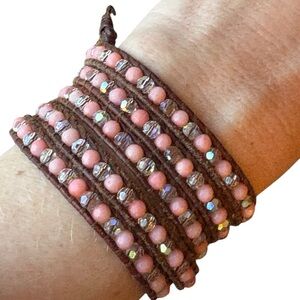Chan Luu 925 Sterling Silver Stamped Pink Beaded Leather Wrap Bracelet Boho Chic